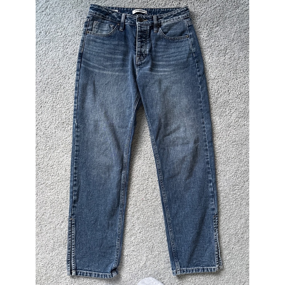 Vigoss Ace Straight Leg Jeans Women 28 Medium Wash Blue Button Fly Side Slit Hem